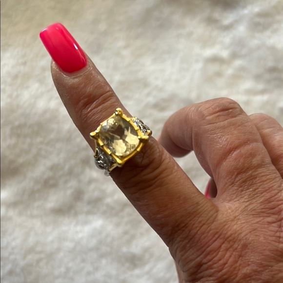 Sterling Silver & Gold Cocktail Ring | Yellow Cushion-Cut Stone | Size 8 - Picture 1 of 4